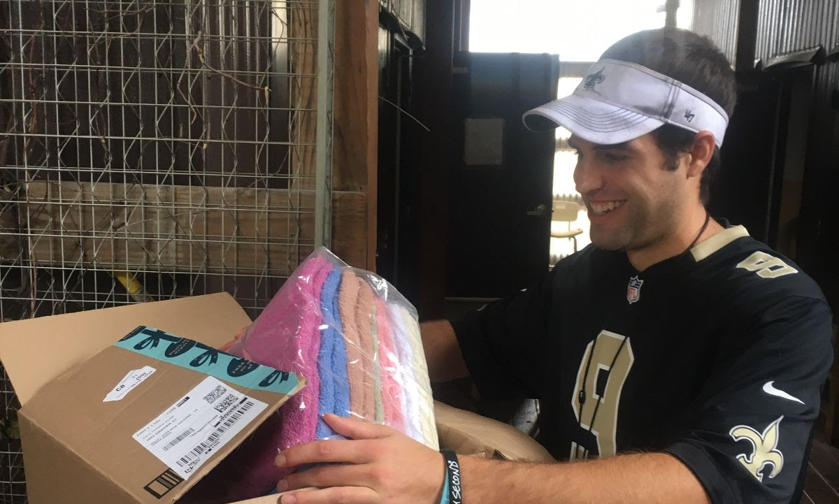 Michael O'Connell handling towel donation at the Harry Tompson Center. (NOLA 2019)
